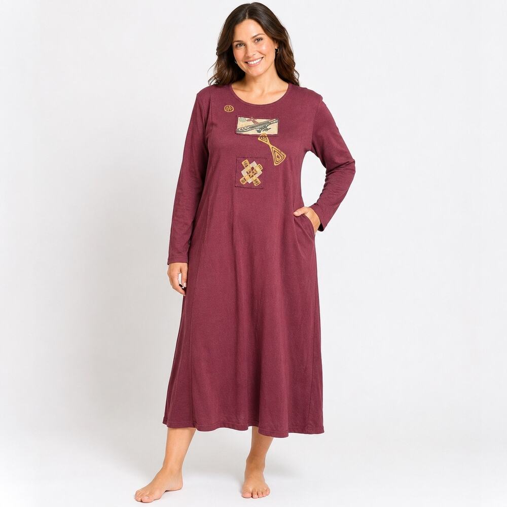 Vintage D Blue Large Cotton Maxi Dress Burgundy Applique Art To Wear Cottagecore